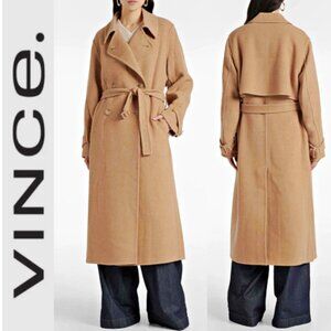 Vince Double-Breasted Belted Italian-Wool-Blend 50"Long Trench Coat sz L $1050